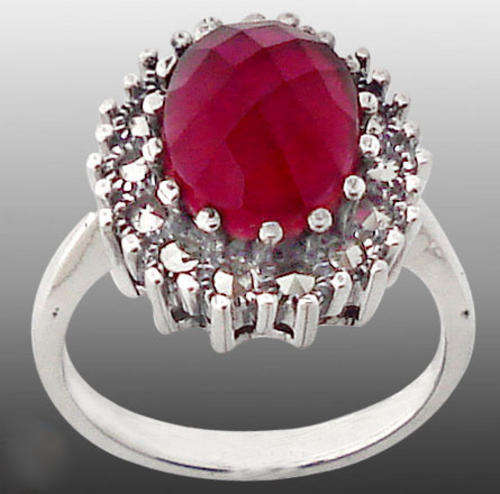 STUNNING PINK RUBY & MARCASITE RING in SOLID 925 STERLING SILVER. SIZE 8