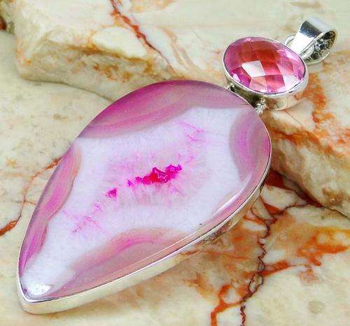 Huge!! MADAGASCAR DRUZY & PINK QUARTZ Pendant in SOLID 925 SILVER.  90 mm.