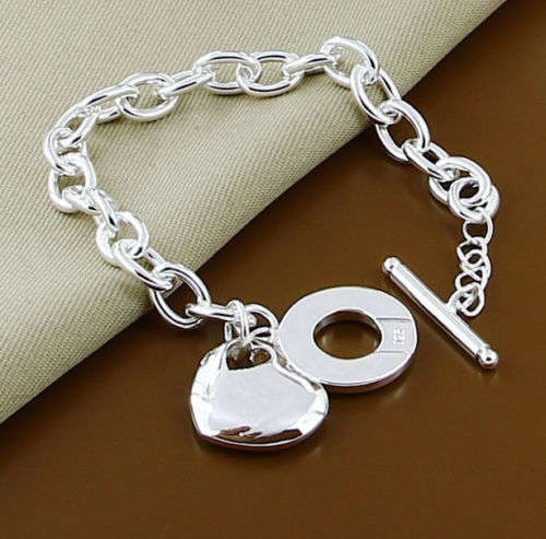 925 Sterling silver plated chunky heart charm bracelet with a toggle clasp a beautiful gift
