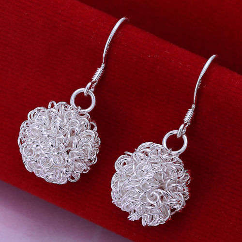 925 Sterling silver plated mesh ball dangle earrings
