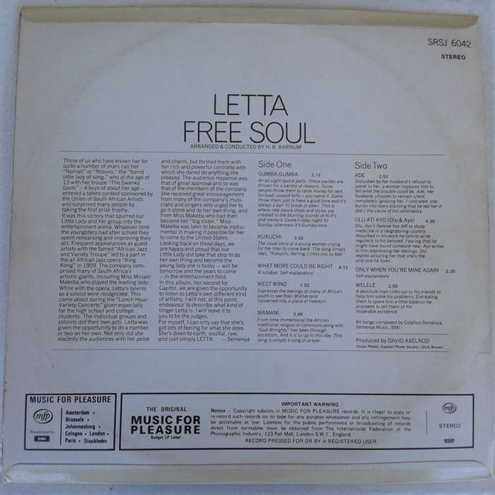 VINYL - Letta Mbulu - Free Soul (SA press VG+/VG+) [MFP red label]