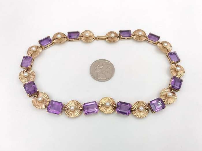 Unbelievable 9ct gold amethyst & pearl necklace (1950s)