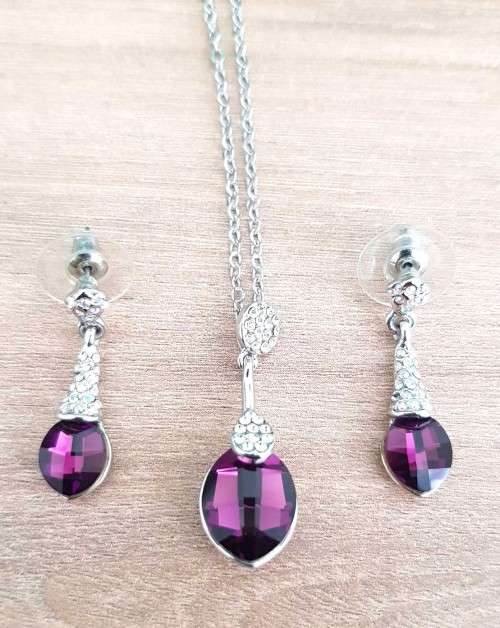 Swarovski **Amethyst Drop Design**Necklace & Earrings  Set Gold Plated  Link Chain