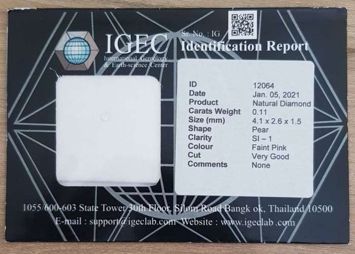 0.11cts Diamond Pear Cut SI1 Faint Pink  CERTIFIED