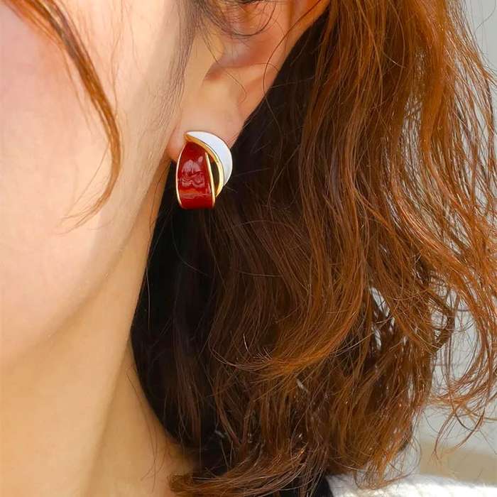 Butterfly Flower Earrings Copper Red & White Enameled