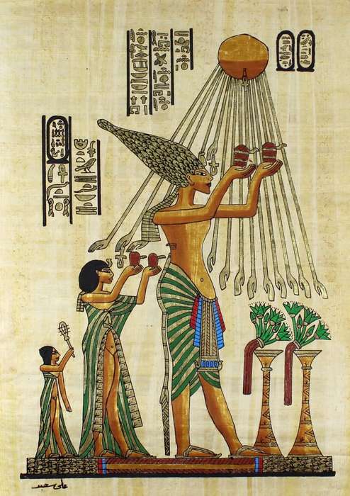 Egyption print on papyrus - Offering to the sun god
