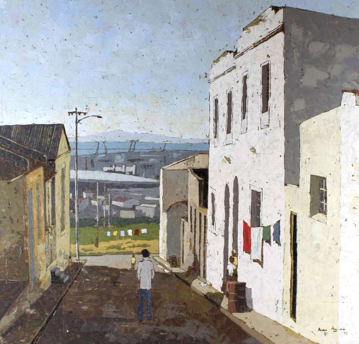 Alan Maling - Street scene looking over harbor