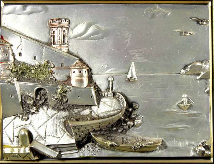 Bas-relief Artwork on a mirror - A 3D artwork - harbor scene