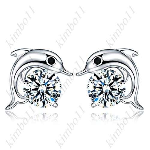 1 Pair of Elegant Rhinestone 925 Sterling Silver Dolphin Stud Earring