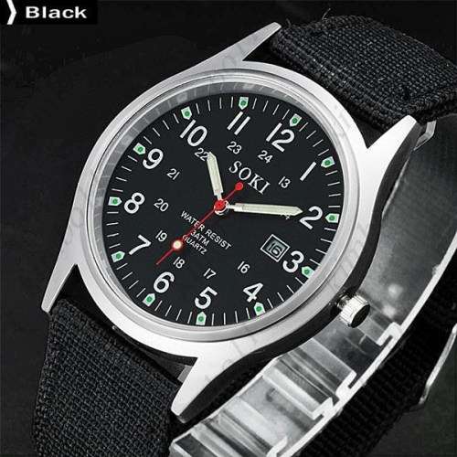 SOKI Quartz Watch with Date Canvas Strap Band Round Dial