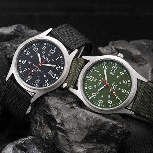 SOKI Quartz Watch with Date Canvas Strap Band Round Dial
