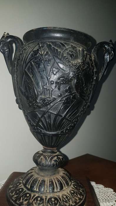 Antique spelter urn/vase with crane and hawk detail 35cm tall  REDUCED