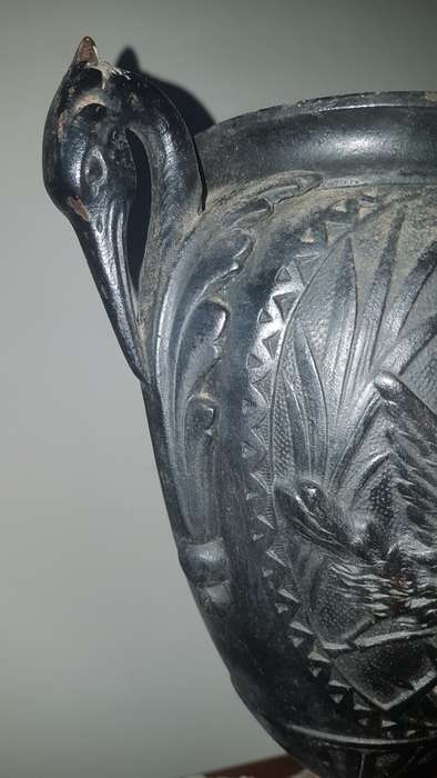 Antique spelter urn/vase with crane and hawk detail 35cm tall  REDUCED