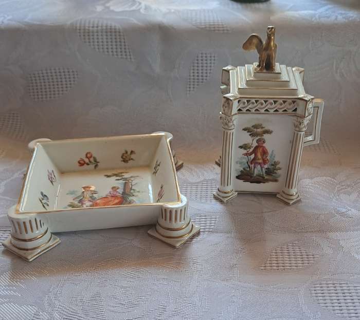 Genuine Royal Vienna footed dish and lidded jar hand painted BEAUTIFULL