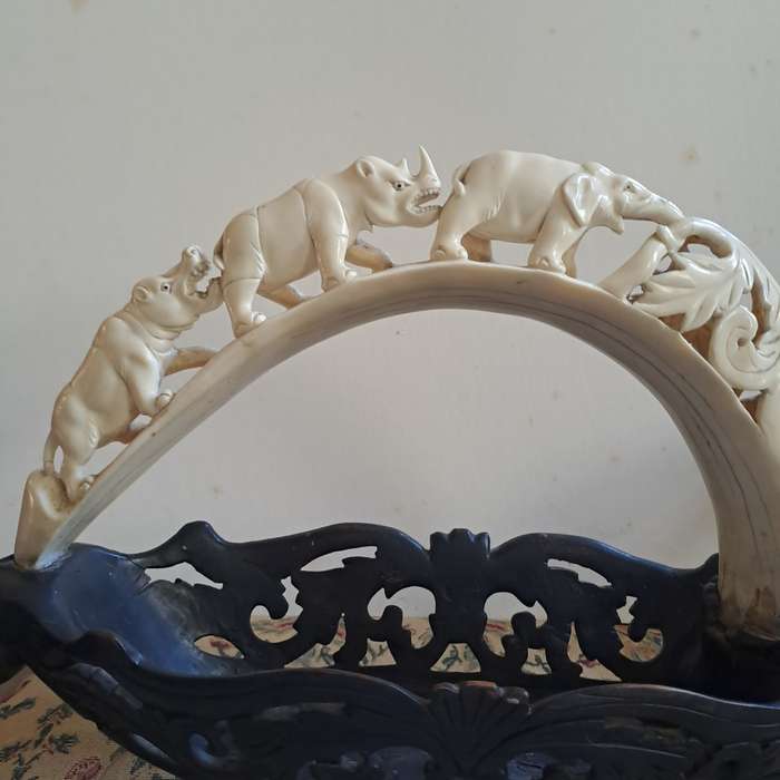 Very Large 45cm carved bone  with carved ebonised bowl