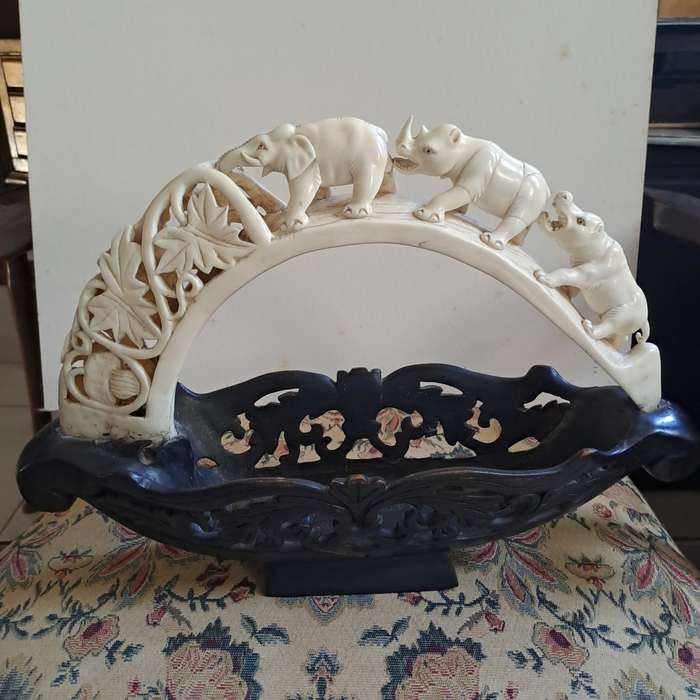 Very Large 45cm carved bone  with carved ebonised bowl