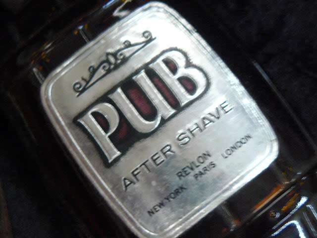 Vintage original PUB after shave bottle, L & VG cuff links and hankie