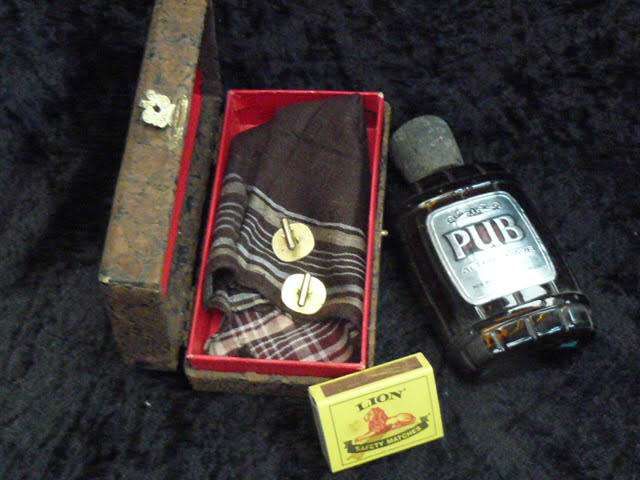 Vintage original PUB after shave bottle, L & VG cuff links and hankie