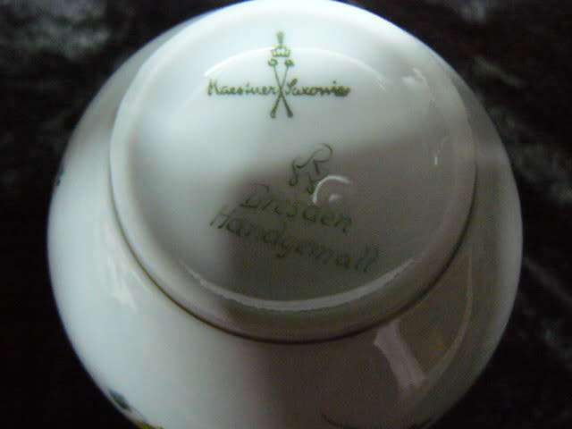 DRESDEN HAND PAINTED VASE WITH GOLD RIMS HAND PAINTED