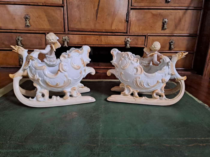 Fabulous Pair of vintage German bisque cherubs on sleighs center piece