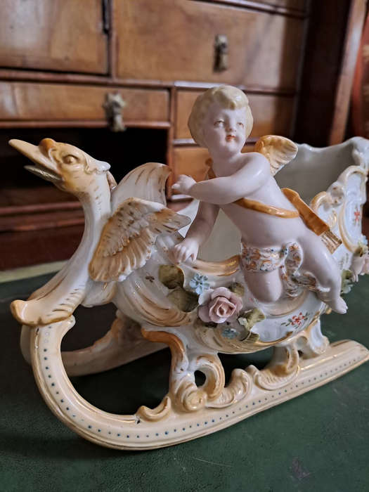 Fabulous Pair of vintage German bisque cherubs on sleighs center piece