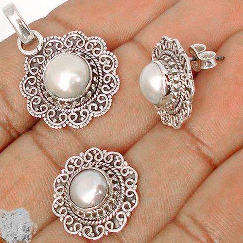 16.52CTS WHITE PEARL 925 STERLING SILVER EARRINGS PENDANT JEWELRY SET