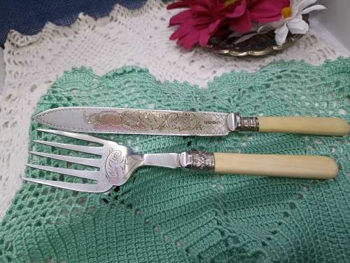 ANTIQUE : Silver Plated Fish Cutlery with hallmarked silver collar 1895 Sheffield celluloid handles