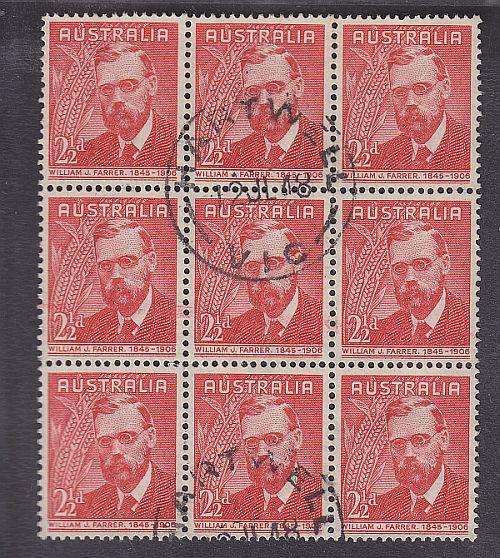 1948 ++ WILLIAM J FARRER (WHEAT RESEARCH) ++ 2 1/2d SCARLET ++ BLOCK OF 9 ++ VFU ++ SG 225