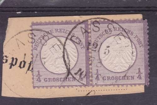 GERMANY  1872  `ARMS EMBOSSED`  1/4g VIOLET  PAIR FU ON PIECE  C/V R5600  SG 1
