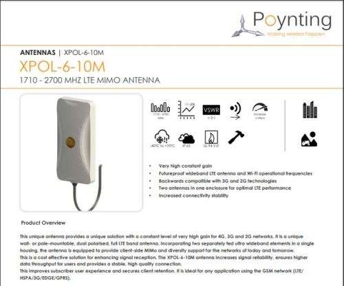 POYNTING Dual Polarised High Gain LTE Antenna (11 dbi) - w/10m cable - Huawei B315, B618