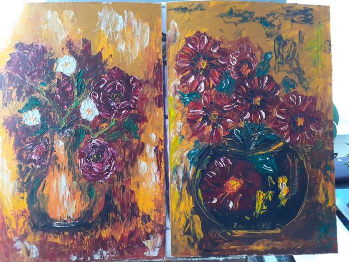 Two still life paintings by seller sold as a set