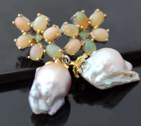 HANDMADE BAROQUE PEARL, FIRE OPAL AND EMERALD STERLING SILVER EARRINGS. BIG!