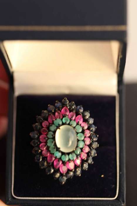 STRIKING LARGE REAL PREHNITE, RUBY, EMERALD, SAPPHIRE GEMS STERLING SILVER RING BLACK RHODIUM FINISH