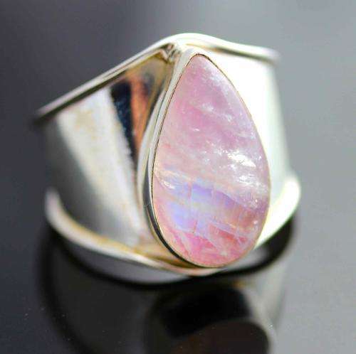 STUNNING REAL PINK RAINBOW MOONSTONE RING IN BROAD BAND OF STERLING SILVER