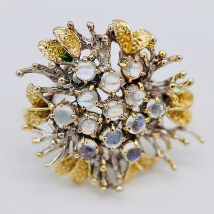 HANDCRAFTED VINTAGE FIRE OPAL CLUSTER STERLING SILVER RING WITH GILDED ACCENTS. 925