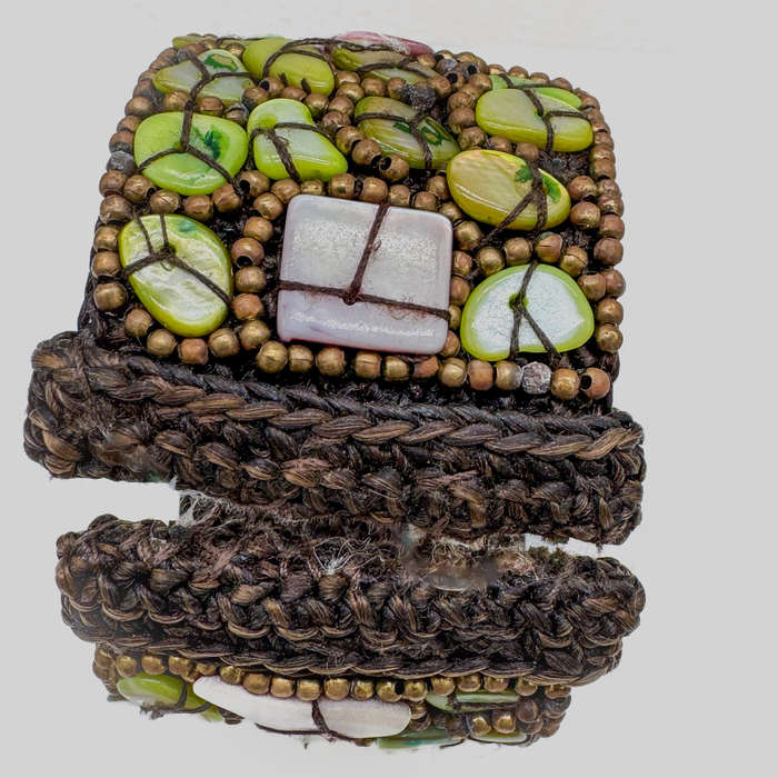 NATURAL MOTHER OF PEARL - PINK & GREEN - HANEDCRAFTED BANGLE ON HEAVY BRAID BASE