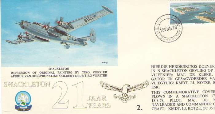 RSA NUMBERED FDC - SHACKELTON FLIGHT 21 YEARS