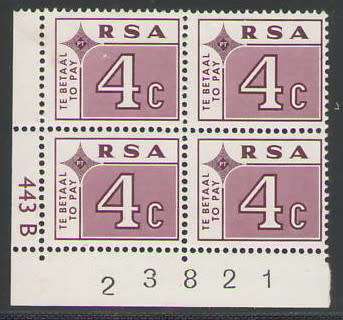 POSTAGE DUE 1972 4C CONTROL BLOCK OF 4 UMM