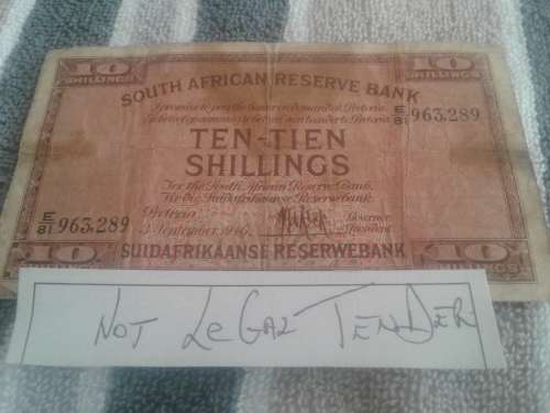 RARE 1946 MH DE KOCK UNION 10 SHILLING BANKNOTE.