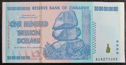 Reserve Bank of Zimbabwe set of 10 20 50 100 Trillion Dollars notes, Uncirculated