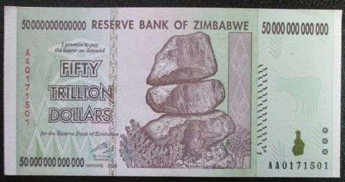Reserve Bank of Zimbabwe set of 10 20 50 100 Trillion Dollars notes, Uncirculated