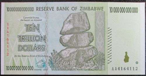 Reserve Bank of Zimbabwe set of 10 20 50 100 Trillion Dollars notes, Uncirculated