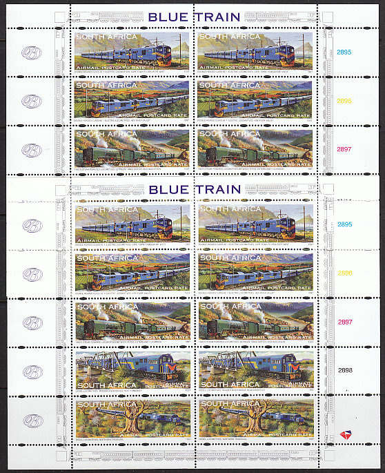 RSA 1997 BLUE TRAIN X 2 SHEETS AIRMAIL POSTCARD RATE MNH. FACE VALUE R184