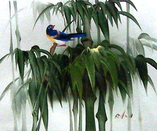 Bird on bamboo by R Hall . Oil on canvas.