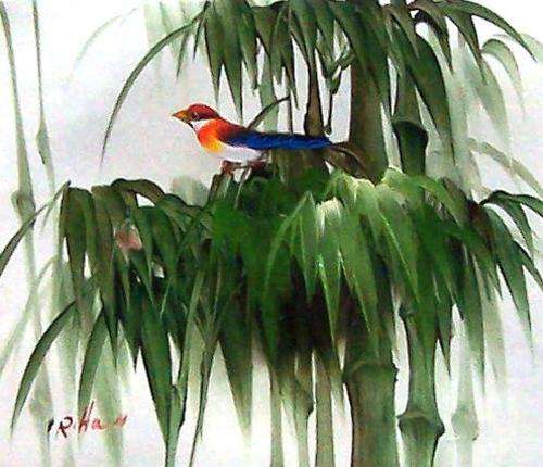 Bird on bamboo by R Hall . Oil on canvas.