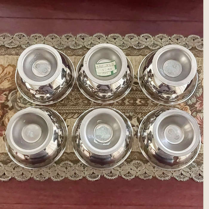 Six Round Vintage Footed and Polished Stainless Steel Dessert Bowls