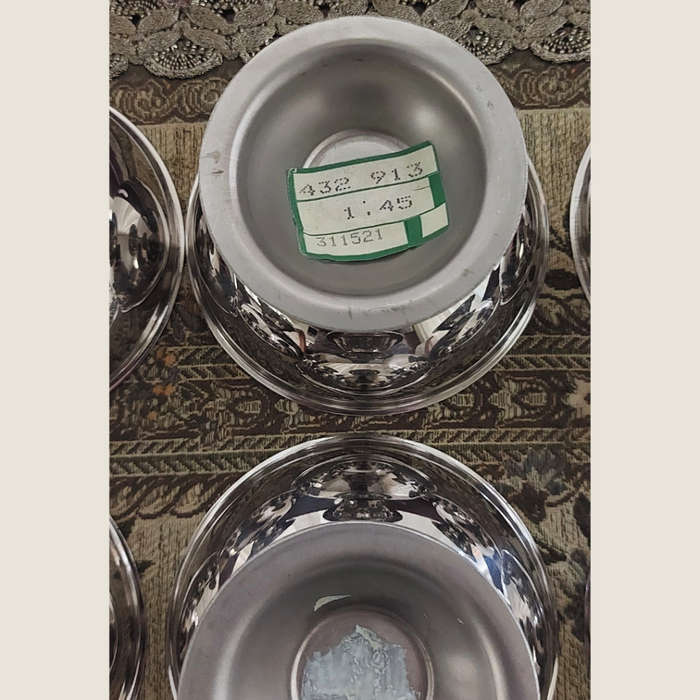 Six Round Vintage Footed and Polished Stainless Steel Dessert Bowls