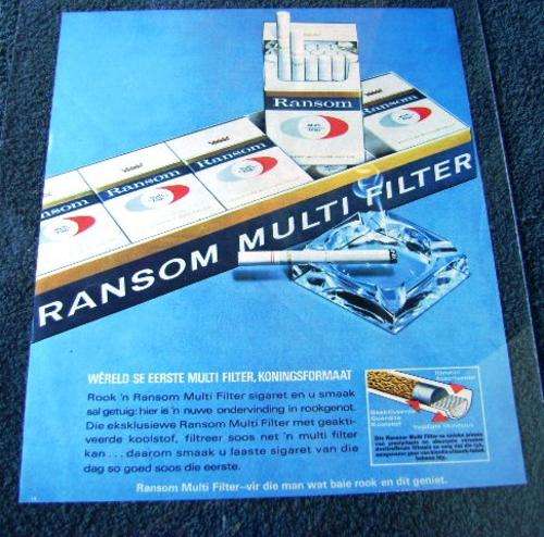 1960'S RANSOM MULTI FILTER CIGARETTES ADVERT IN AFRIKAANS