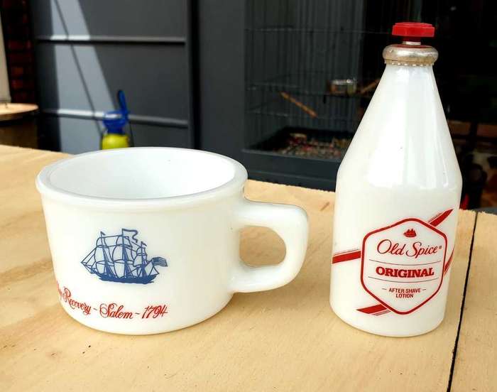 VINTAGE OLD SPICE SHAVING CUP AND OLD SPICE COLOGNE WITH CONTENTS
