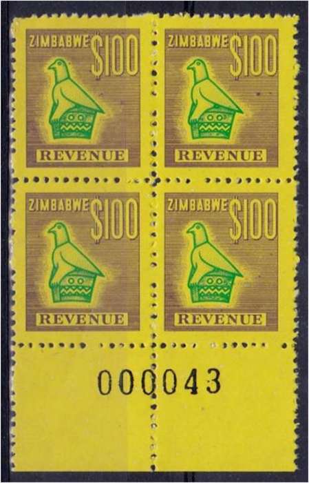 Zimbabwe  Sheet no. Bl x 4  $100 revenues misperfed
